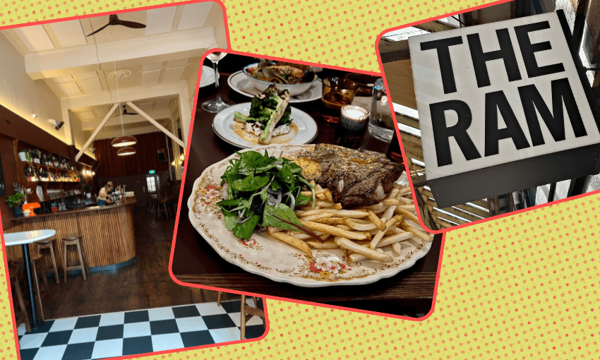 Collage showing a cozy restaurant interior, a plate of steak with fries and salad, and a close-up of a sign reading "THE RAM" on a yellow background with red dots.
