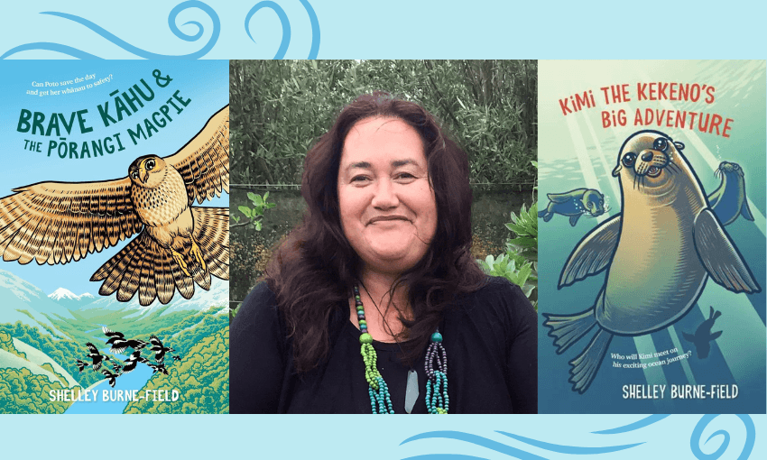 An image of a smiling Māori woman with two book covers on either side of her. The book covers feature on one, a cartoon fur seal; and on the other the illustration of a hawk, and a flock of magpies.