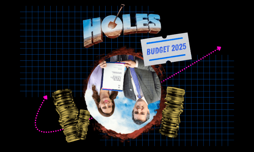 Collage with the word "HOLES," a "BUDGET 2025" ticket, two people holding a document upside-down in a dirt hole, and stacks of coins on a blue grid background with pink arrows.