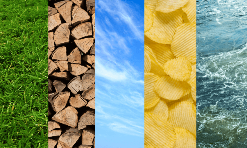 A collage of close up images of grass, wooden logs, sky, potato chips, fresh water