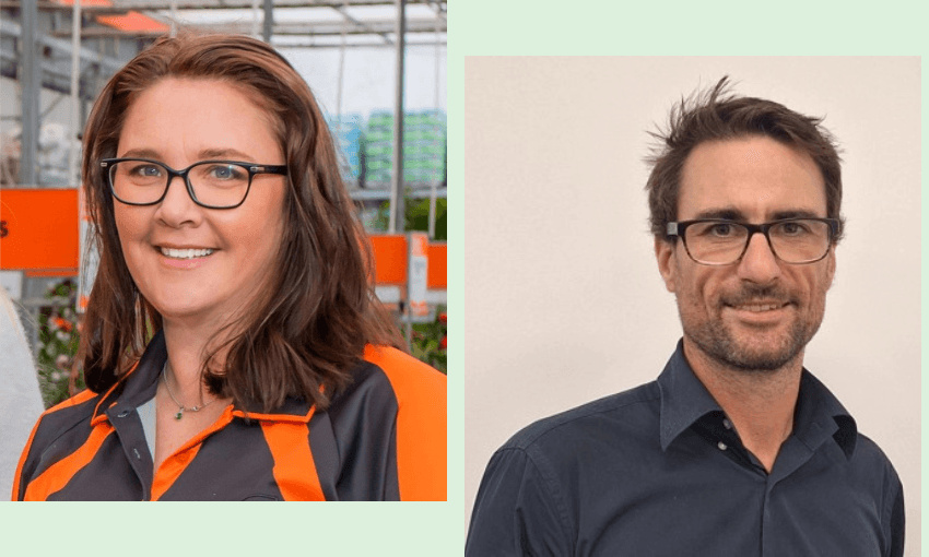 a brown haired woman in a mitre 10 shirt and glasses; on the right, a brown haired white man in a navy shirt and glasses