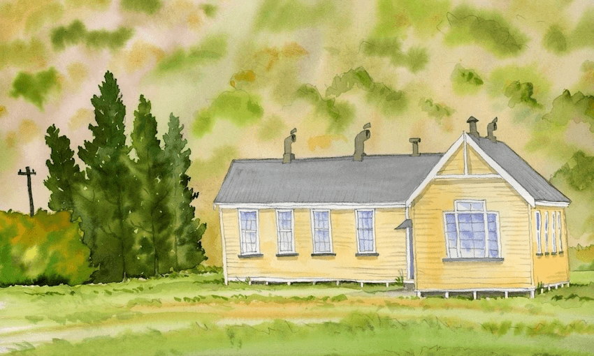 A watercolor painting of a small, yellow wooden house with multiple windows and chimneys, surrounded by green grass, trees, and bushes under a cloudy, greenish sky.