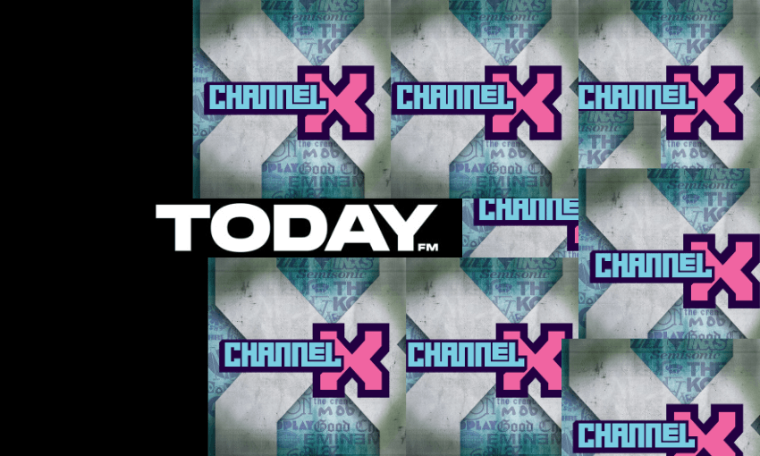 The black logo of Today FM is covered by many smaller, colourful logos for Channel X