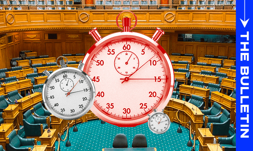 A large red stopwatch and two smaller stopwatches are superimposed over the empty seats of a parliamentary chamber. On the right side, a vertical blue banner reads "THE BULLETIN.