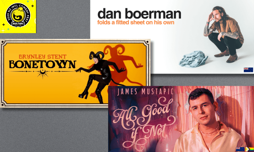 collage of three posters advertising comedy shows for Brynley Stent, Dan Boerman and James Mustapic