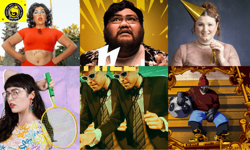 A collage of six diverse individuals: a woman in a red crop top, a surprised man with glasses, a woman in a party hat, a woman with a badminton racquet, two men in sunglasses, and a person in a mascot costume.