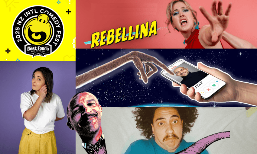 A collage of five comedy show posters from five different NZ comedians with the comedy fest logo in the corner