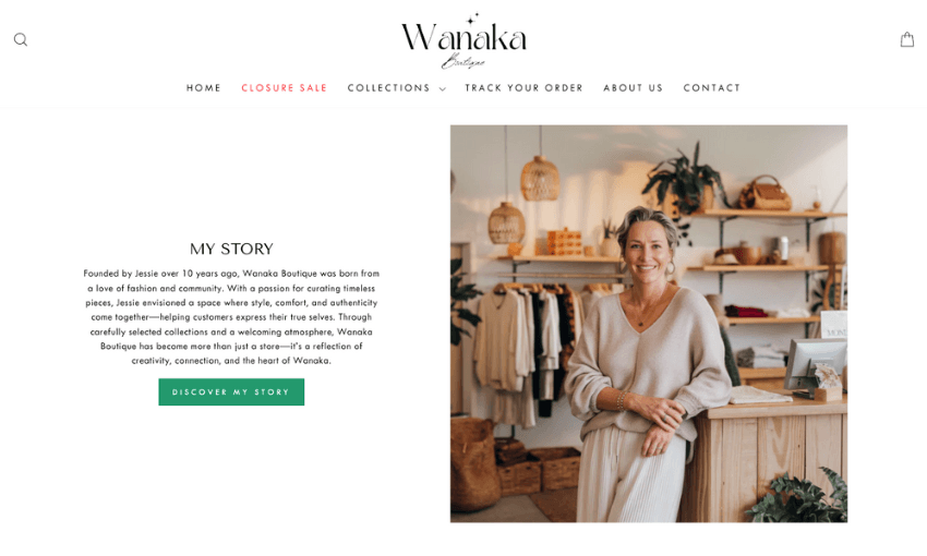 A smiling woman stands in a cozy boutique with wooden shelves, plants, and decor. Text beside her describes the story behind Wanaka Boutique, emphasizing community, comfort, and timeless style.