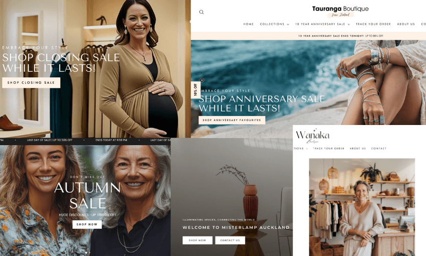 A collage of five different boutique website homepages, each featuring women, clothing, accessories, and sale banners with text promoting anniversary, closing, and autumn sales.