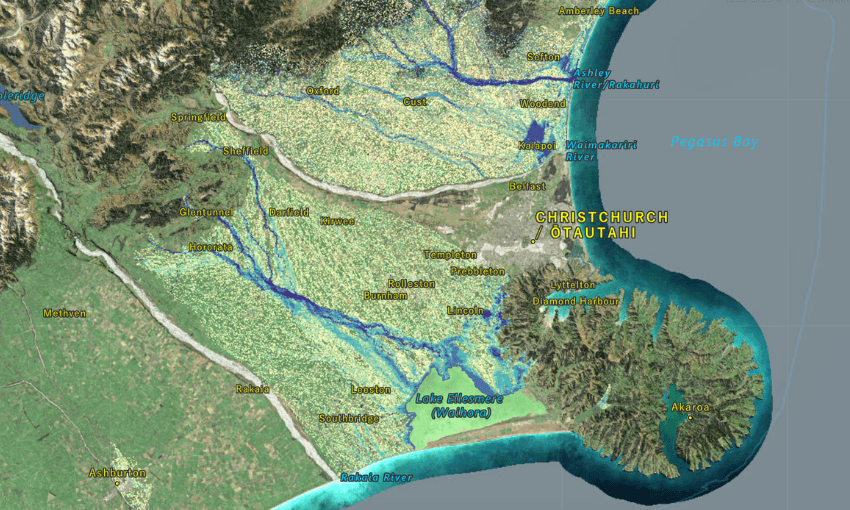 a screenshot of a model of the canterbury plains showing different river systems 