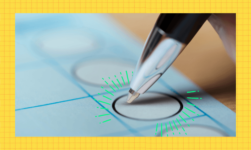 a yellow grid background with a pen hovering over a box to tick, with green lines radiating from the box
