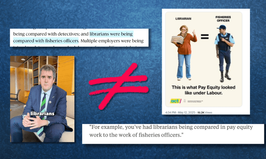 A collage shows news clippings and social media posts comparing librarians to fisheries officers in pay equity, with a large not-equal sign in the center and images of a librarian and a fisheries officer on the right.