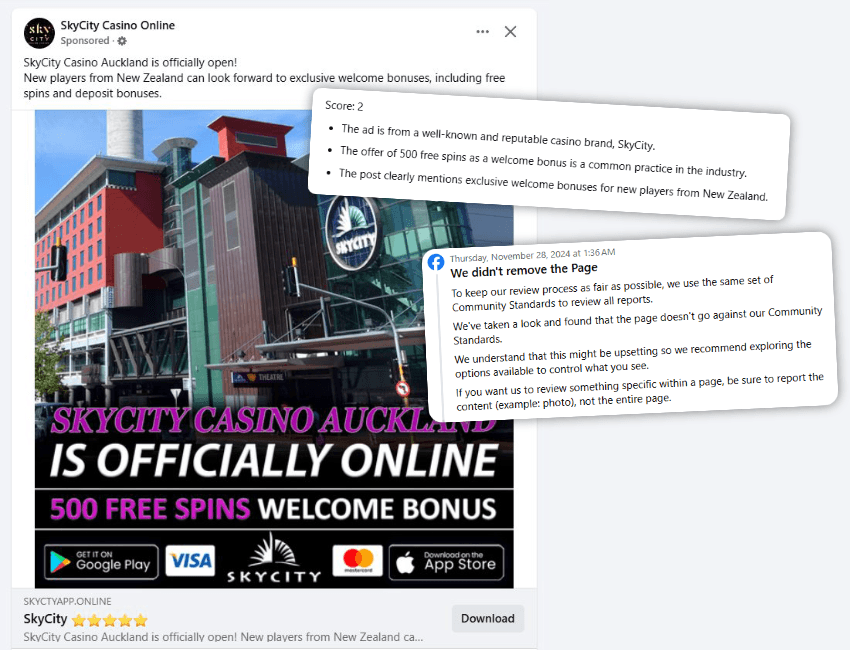 A Facebook scam ad for SkyCity Casino Auckland promotes its online launch and 500 free welcome spins. An overlaid comment from Meta AI discusses how to report posts that may breach Facebook guidelines.