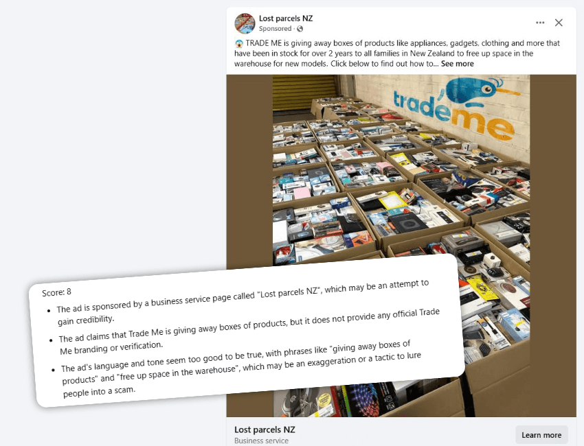 A large number of boxes filled with assorted household items are stacked on tables inside a warehouse. A Trade Me banner hangs on the wall behind the boxes. Overlaid text from Meta AI critiques the legitimacy of a sponsored social media post.