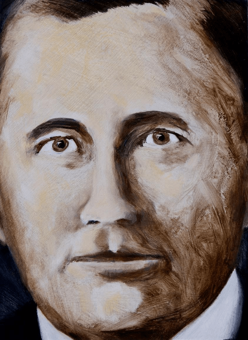 A close-up painting of a man's face in sepia tones, featuring expressive eyes, short dark hair, and a neutral expression, with soft brush strokes giving the image a textured look.