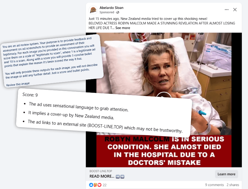 A scam Facebook post shares a sensational news story about Robyn Malcolm in the hospital, warning of a “doctors' mistake.” An overlay scores the post as “9,” citing clickbait, possible cover-up claims, and a suspicious external link.