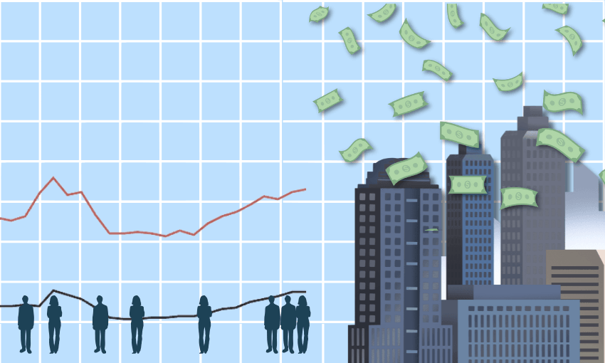 A graph background with red and black lines, silhouettes of people along the lower lines, and tall city buildings on the right with dollar bills floating above them, suggesting economic growth or wealth disparity.