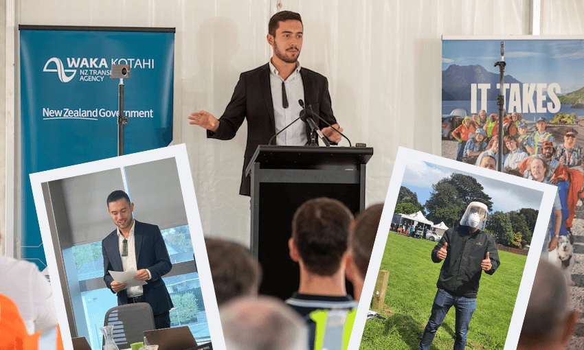 A man stands behind a lectern presenting to a crowd of first responders in hi-vis. The man is wearing a suit and pounamu necklace