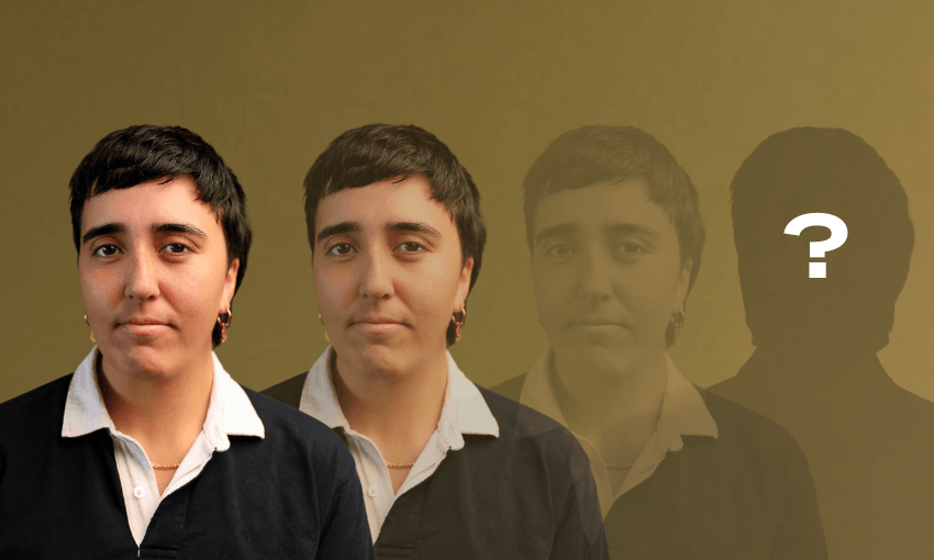 Spinoff editor Madeleine Chapman's headshot in full colour on the left then progressively disappearing across the image until it is a silhouette with a question mark over it