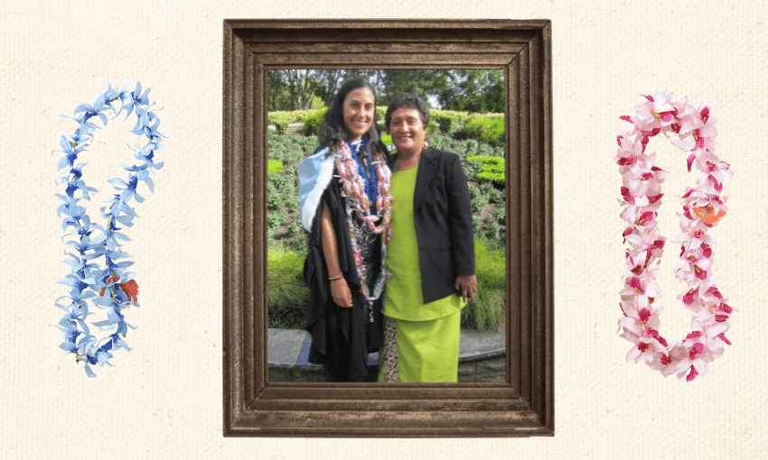 a framed photo on a wall showing a mother and daughter posing, the daughter wearing graduation regalia and the mother wearing traditional samoan dress
