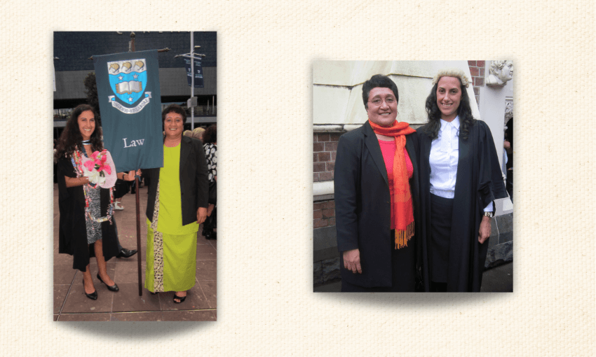 Two photos of a mother and daughter at two different graduation ceremonies