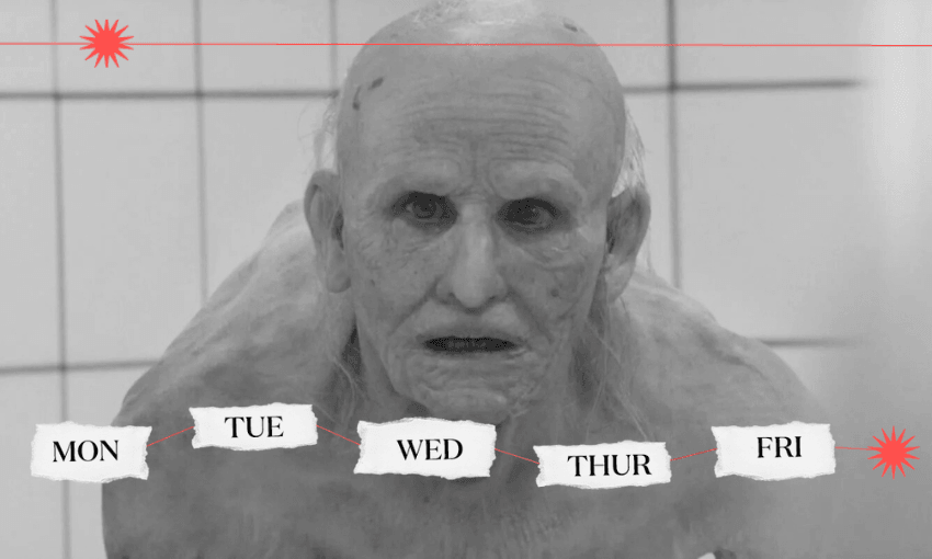 a black and white image of "old" demi moore in The Substance, a bald, hunched old woman