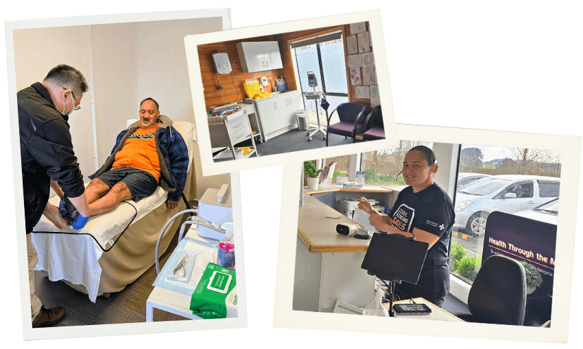 A collage shows an older man getting seen by a podiatrist in a tidy clinic, a warm and inviting doctors office space with wooden walls and a smiling receptionist in a front desk area. 