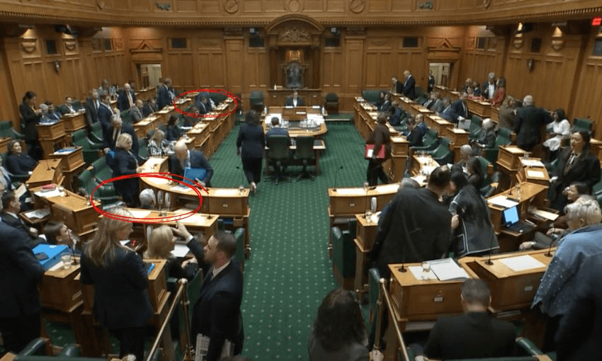 A view into the House on Tuesday morning with Winston Peters and David Seymour circled in red to represent their new seating arrangement.