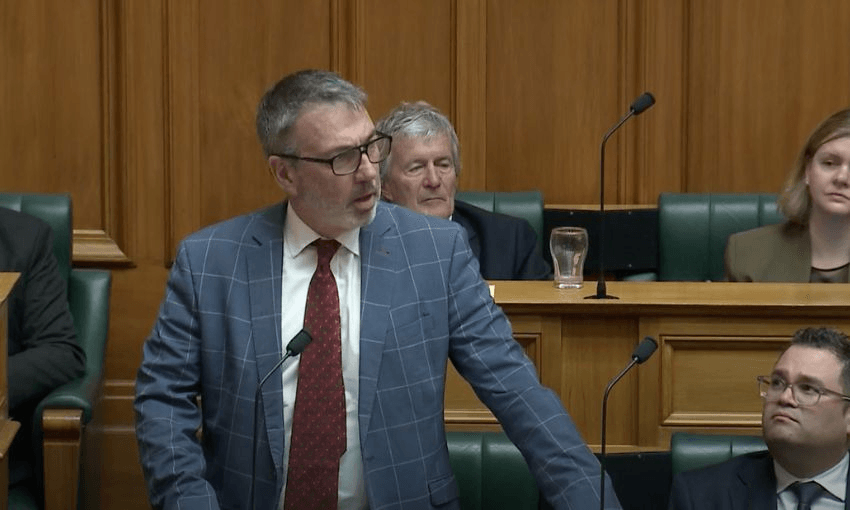 Duncan Webb speaks in the House from his bench beside Tangi Utikere, Camilla Belich and Damien O'Connor