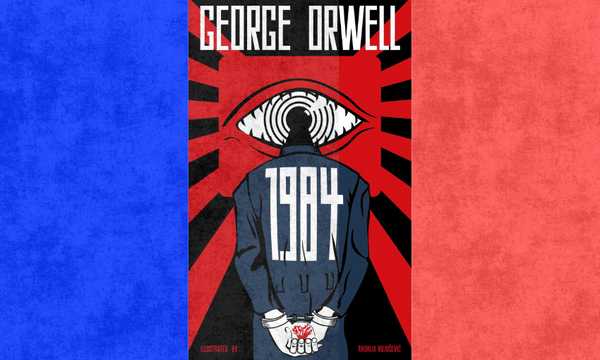 The cover of 1984 by George Orwell with a block of blue on the left and red on the right.