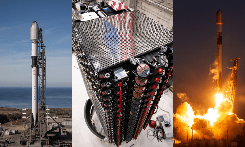 A triptych showing: a SpaceX Falcon 9 rocket on its launch pad, a stack of Starlink satellites, and a Falcon 9 rocket lifting off with flames and smoke.