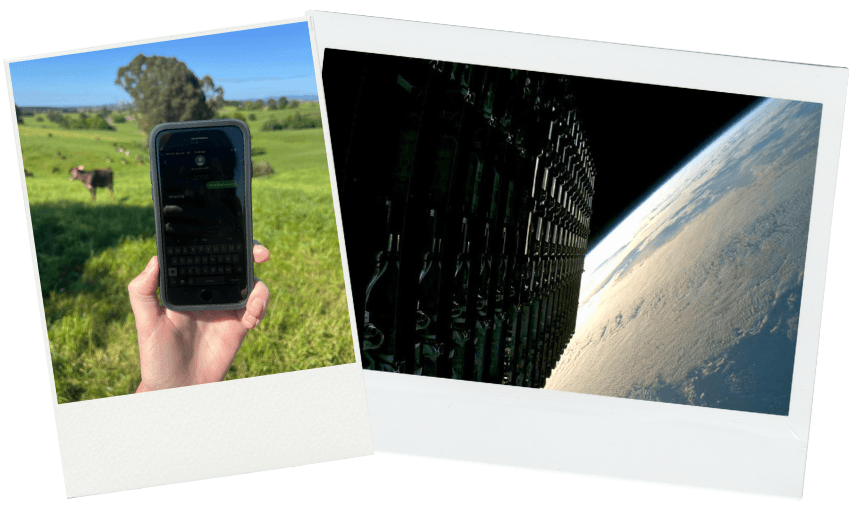 A hand holds a phone in a sunny green field with cows; next to it, an image shows satellites in space above Earth's curved horizon, both in Polaroid-style frames.
