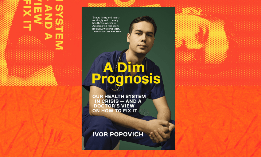 The cover of Ivor Popovich's A Dim Prognosis with a red background behind it.