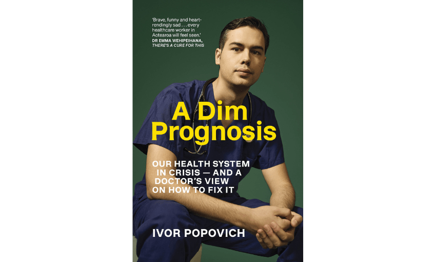 The cover of medical memoir A Dim Prognosis by Ivor Popovich shows Ivor, a young male doctor, sitting and looking at the camera.