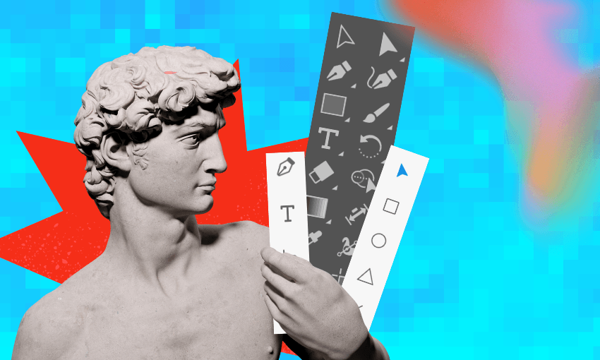 The statue of David with design tools and pixellated background.