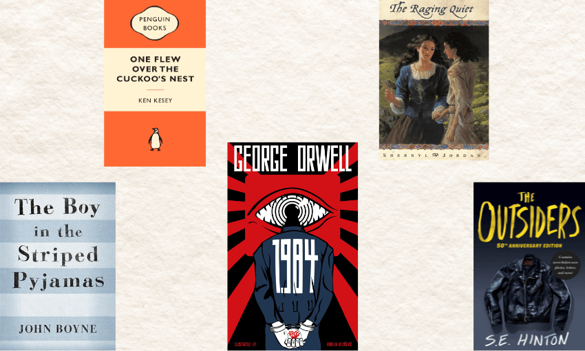 Five different book covers laid on top of a background of thick, white paper.