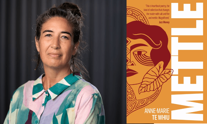 A photograph of a Māori woman with her hair tied up and bright shirt on. Beside her is the cover of her poetry book, called Mettle.