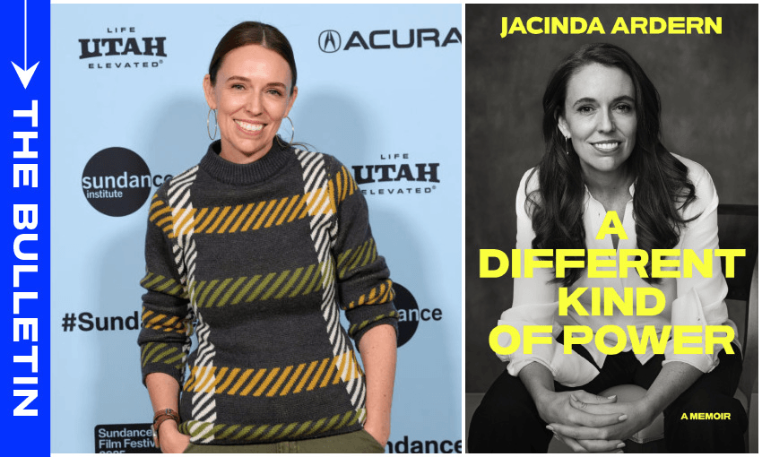 A collage featuring a woman smiling on a red carpet at the Sundance Film Festival on the left, and the cover of her memoir, "A Different Kind of Power" by Jacinda Ardern, on the right.