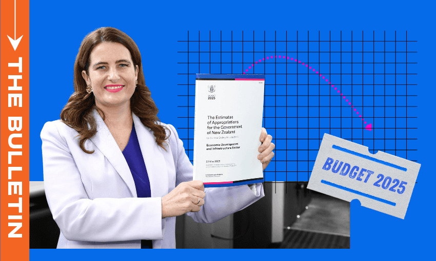 A woman in a purple blazer holds up a document titled "The Estimates of Appropriations for the Government of New Zealand." Next to her is a ticket labeled "Budget 2025" and a downward trending graph.