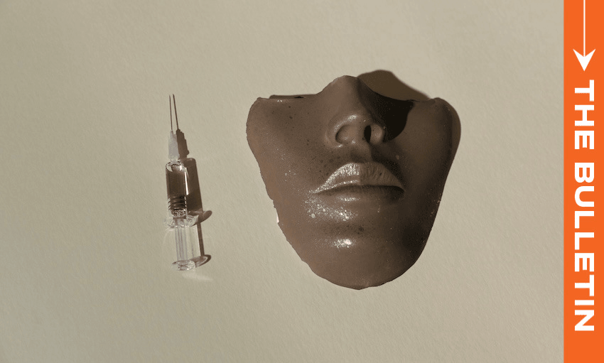 A syringe lies next to a realistic, brown prosthetic nose and lips on a beige background; an orange vertical banner on the right reads "THE BULLETIN.