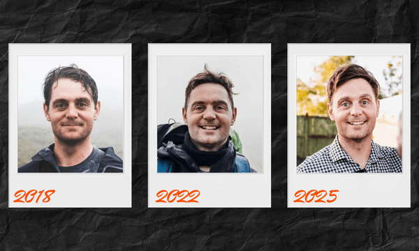 Three polaroid-style photos of the same man from different years: 2018, 2022, and 2025. Each photo shows him smiling, with subtle changes in hairstyle and background. The years are handwritten below each photo.
