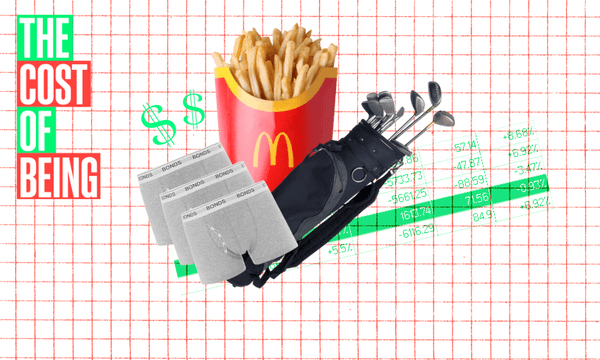 A collage with graph paper background features McDonald's fries, a golf bag with clubs, socks, dollar signs, and spreadsheets. Text on the left reads "THE COST OF BEING" in bold colors.