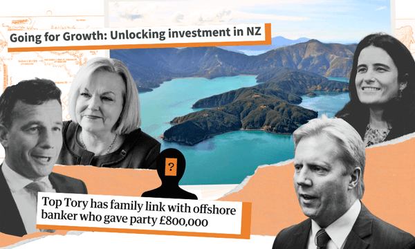 A collage with New Zealand mountains and water in the background, overlaid with photos of four people, a black silhouette with a question mark, and headlines about investment and a Tory family link with an offshore banker donation.