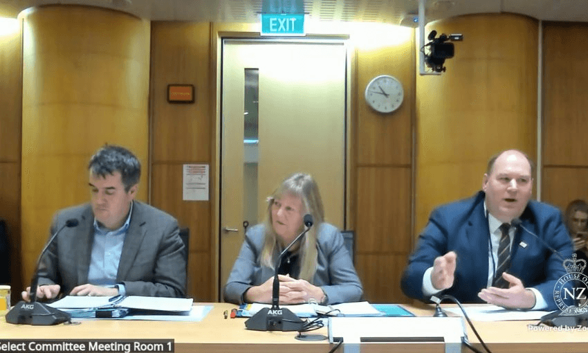 RMA minister Chris Bishop, environment minister Penny Simmonds and biosecurity minister Andrew Hoggard answer questions in Bowen House's Room 1.