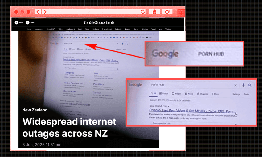 A screenshot of a news article about internet outages in New Zealand, with zoomed-in sections highlighting a Google search for "PORN HUB" and explicit website results on the search page.