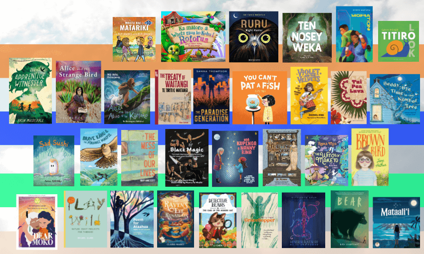 All the finalist’s covers from the 2025 New Zealand Book Awards for Children and Young Adults. Image: Tina Tiller.  
