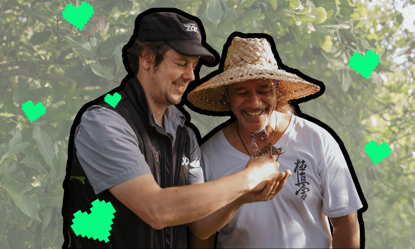 Two men stand together, the man on the left is holding a large insect. It is brown and spiny. The other man wearing a straw hat next to him gazes at the insect. They are against a forest background there are green hearts around them.