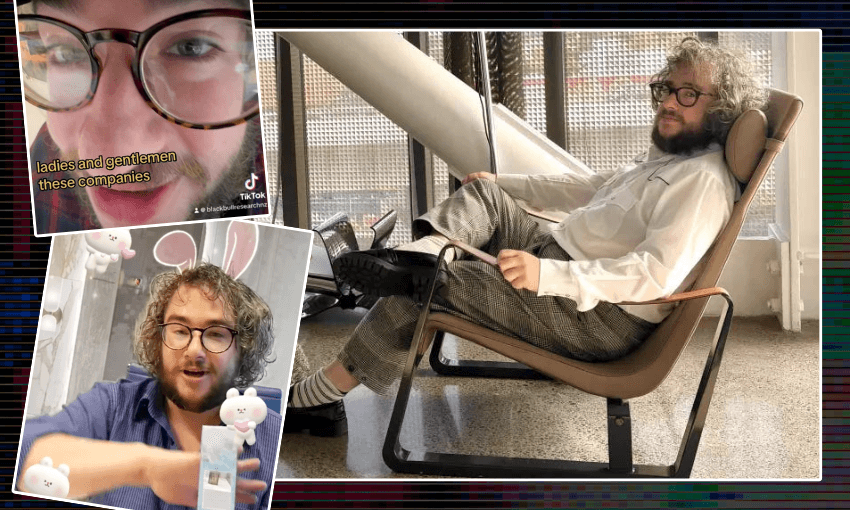 photo of a man reclining on a leather arm chair and photo of the same man with a cute bunny filter on