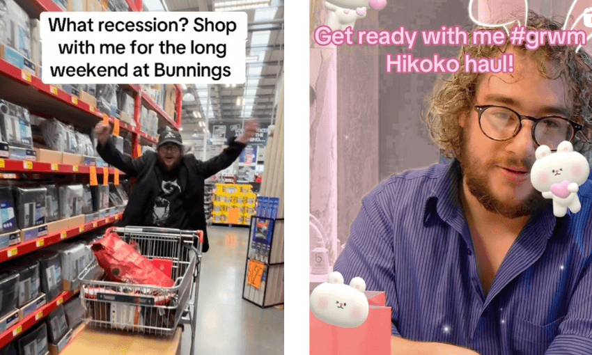 stills from videos of eden bradfield with captions "what recession? whop with me at Bunnings" and "get read with me, Hikoko Haul"