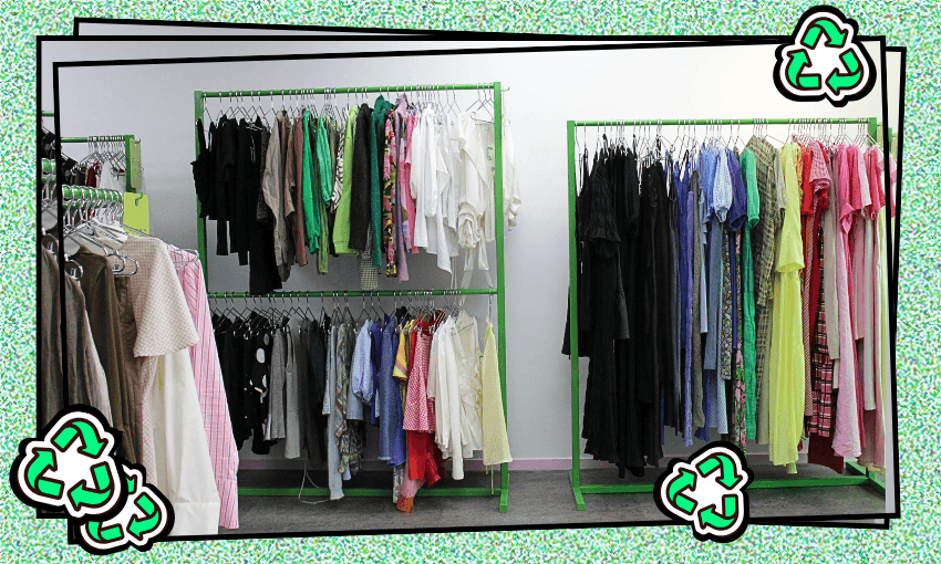 green metal clothing racks full of dresses and shirts in a variety of colours